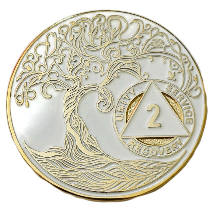2 Year Sobriety Mint Twisted Tree of Life Gold Plated AA Recovery Medallion - Two Year Chip/Coin - White + Velvet Case