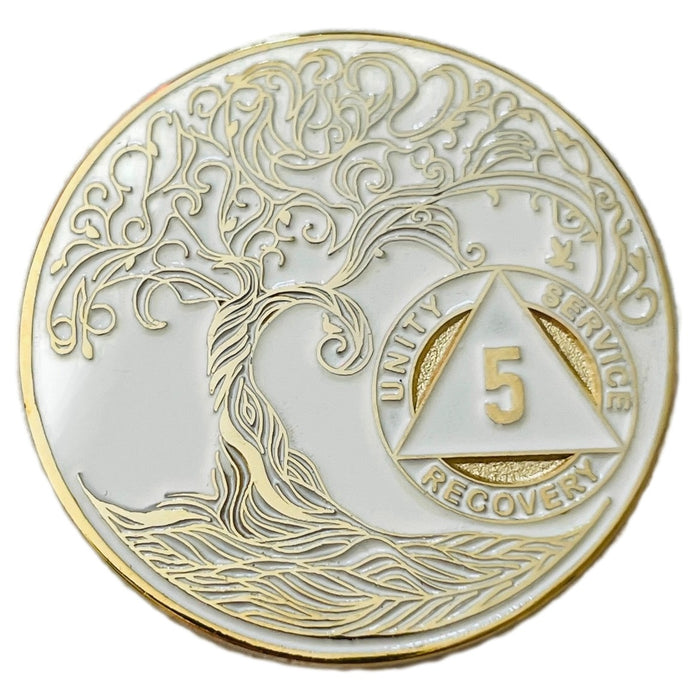 5 Year Sobriety Mint Twisted Tree of Life Gold Plated AA Recovery Medallion - Five Year Chip/Coin - White + Velvet Case