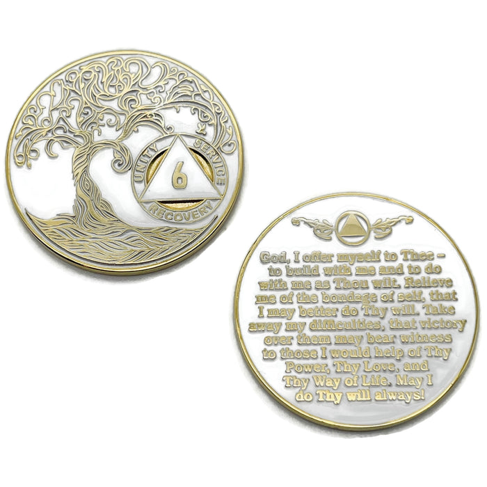 6 Year Sobriety Mint Twisted Tree of Life Gold Plated AA Recovery Medallion - Six Year Chip/Coin - White + Velvet Case