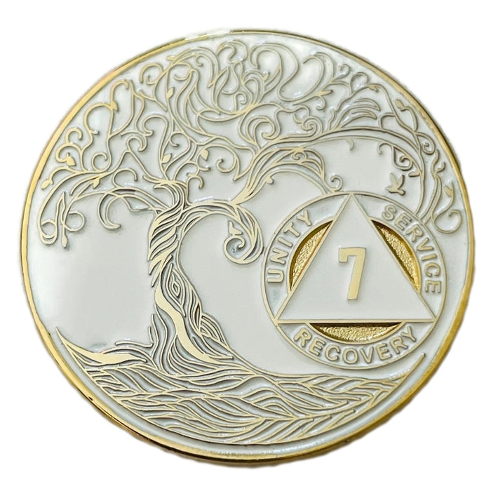7 Year Sobriety Mint Twisted Tree of Life Gold Plated AA Recovery Medallion - Seven Year Chip/Coin - White + Velvet Case