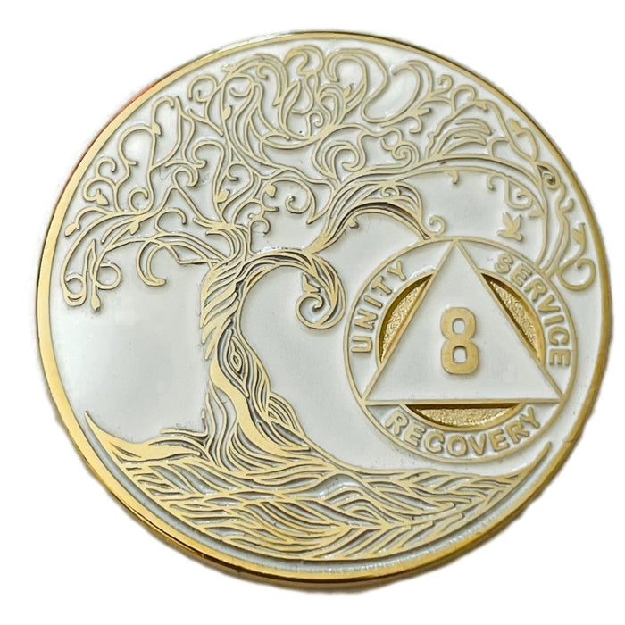 8 Year Sobriety Mint Twisted Tree of Life Gold Plated AA Recovery Medallion - Eight Year Chip/Coin - White + Velvet Case