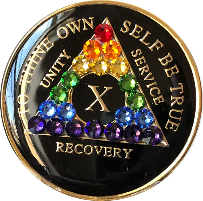 Recovery Mint 10 Year Bling AA Medallion - Crystallized Tri-Plate Ten Year Chip/Coin - Black Rainbow