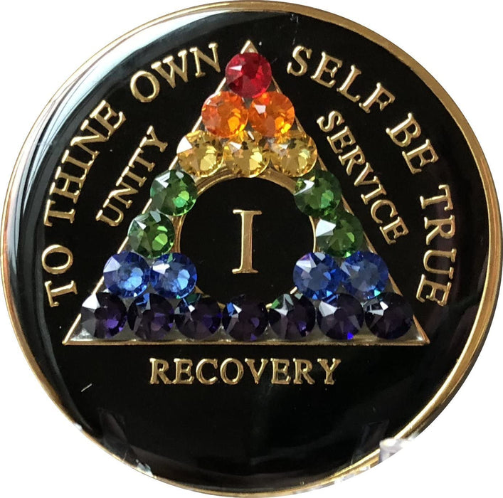 Recovery Mint 1 Year Bling AA Medallion - Crystallized Tri-Plate One Year Chip/Coin - Black Rainbow