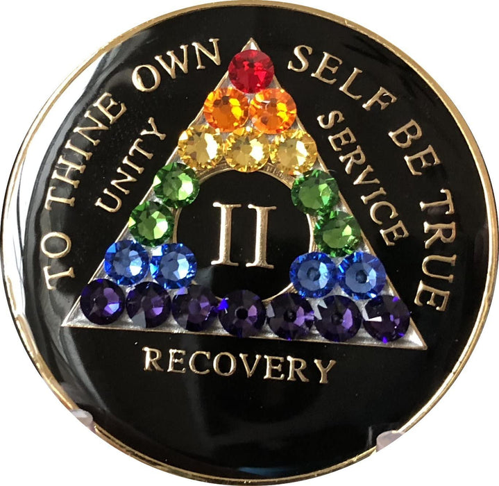 Recovery Mint 2 Year Bling AA Medallion - Crystallized Tri-Plate Two Year Chip/Coin - Black Rainbow