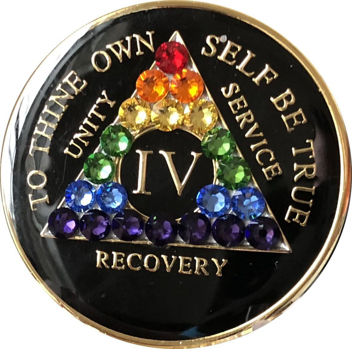 Recovery Mint 4 Year Bling AA Medallion - Crystallized Tri-Plate Four Year Chip/Coin - Black Rainbow
