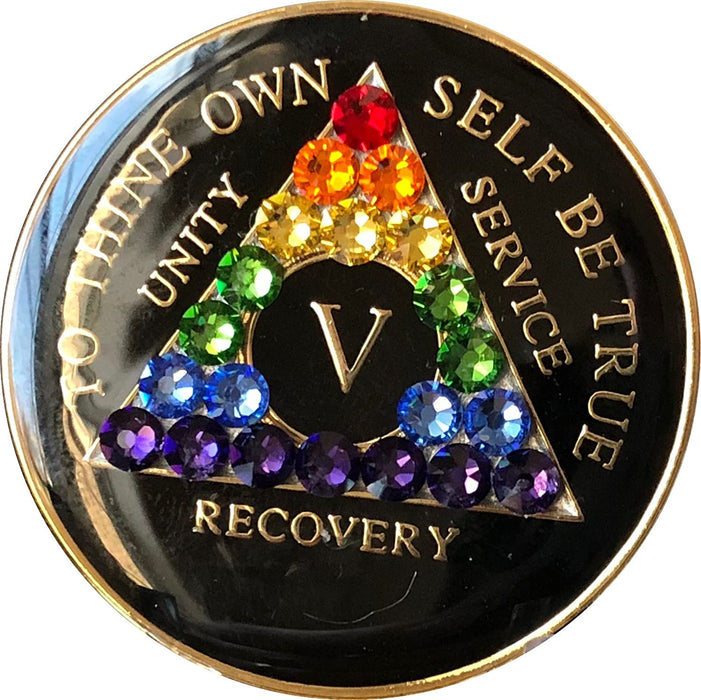 Recovery Mint 5 Year Bling AA Medallion - Crystallized Tri-Plate Five Year Chip/Coin - Black Rainbow
