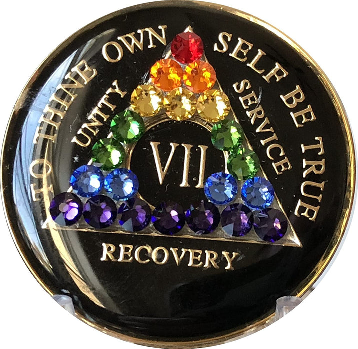 Recovery Mint 7 Year Bling AA Medallion - Crystallized Tri-Plate Seven Year Chip/Coin - Black Rainbow