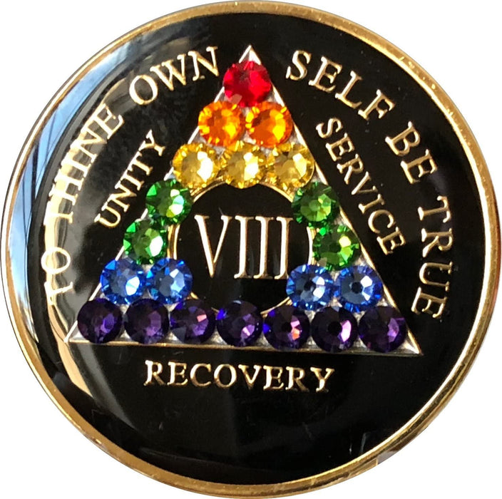 Recovery Mint 8 Year Bling AA Medallion - Crystallized Tri-Plate Eight Year Chip/Coin - Black Rainbow