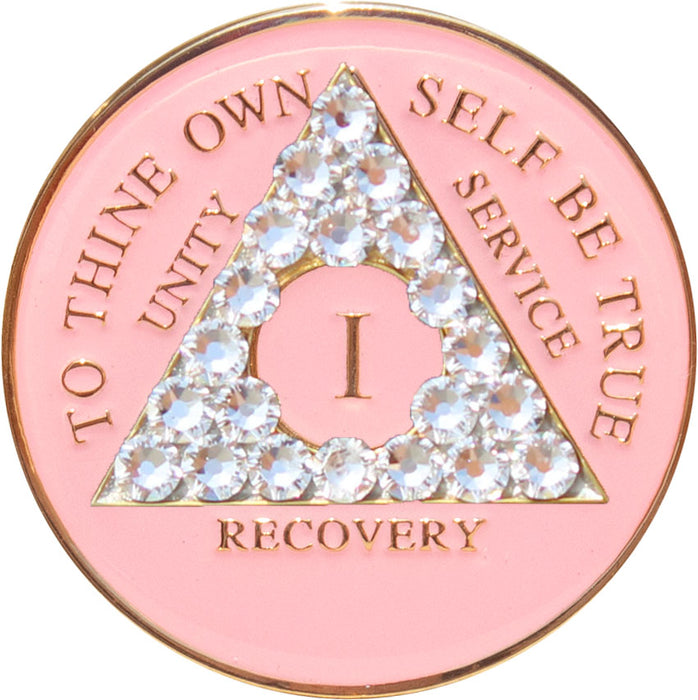 Recovery Mint 1 Year Bling AA Medallion - Crystallized Tri-Plate One Year Chip/Coin - Pink Diamond