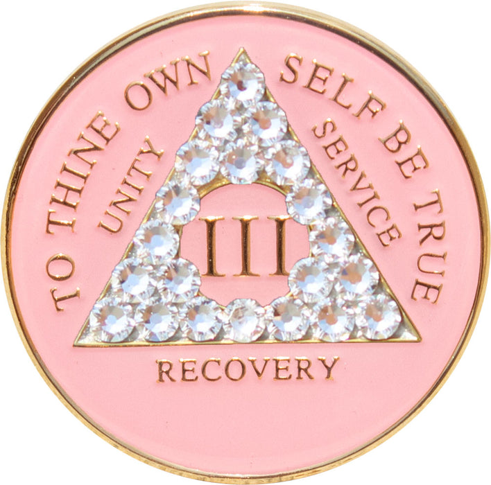 Recovery Mint 3 Year Bling AA Medallion - Crystallized Tri-Plate Three Year Chip/Coin - Pink Diamond
