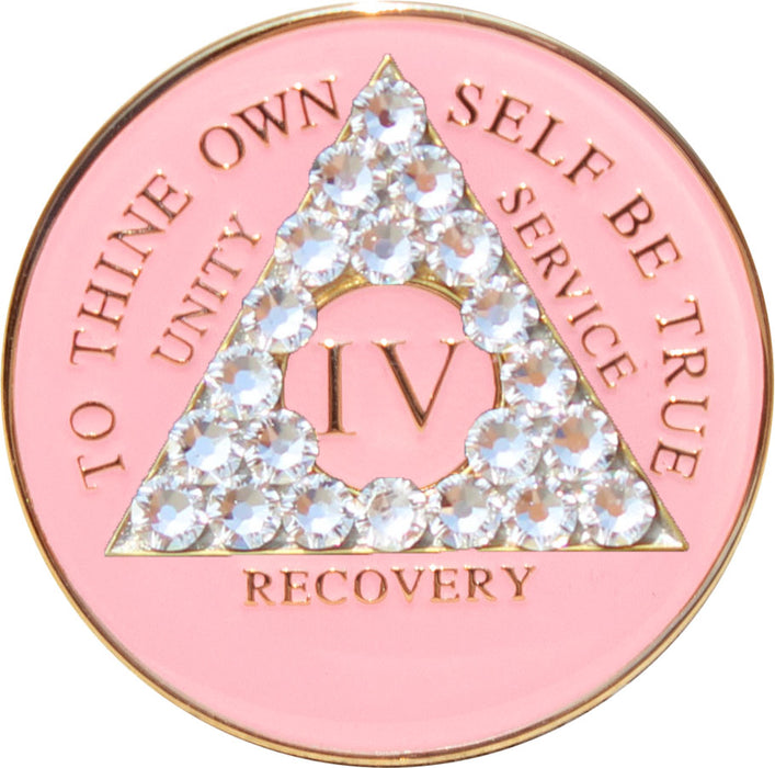 Recovery Mint 4 Year Bling AA Medallion - Crystallized Tri-Plate Four Year Chip/Coin - Pink Diamond