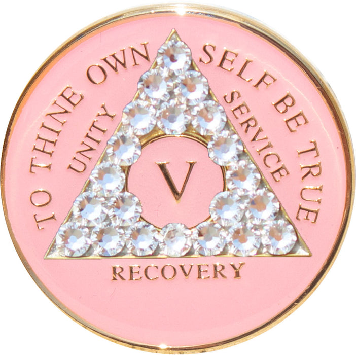 Recovery Mint 5 Year Bling AA Medallion - Crystallized Tri-Plate Five Year Chip/Coin - Pink Diamond
